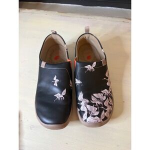 UIN Toledo Slip-On Shoes Women's 8.5 – Black Leather Bird Print Casual Comfort F
